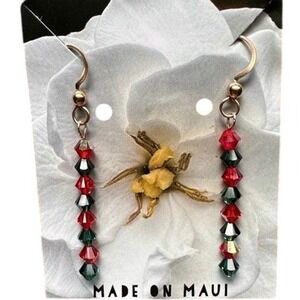 Handmade Swarovski Crystal Bead Dangle Earrings Red Green Gold-Filled Hook